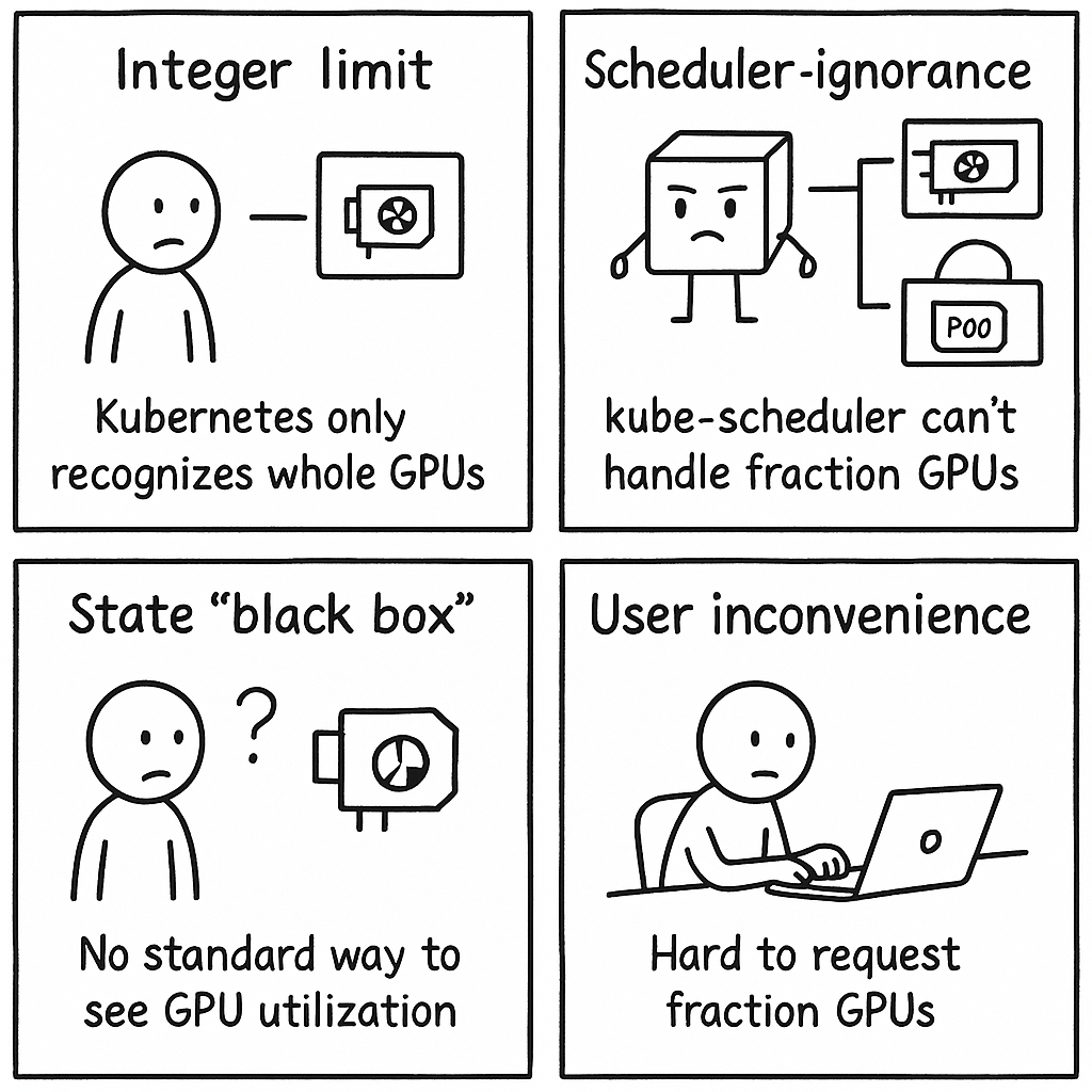 Kubernetes GPU 共享挑战示意图