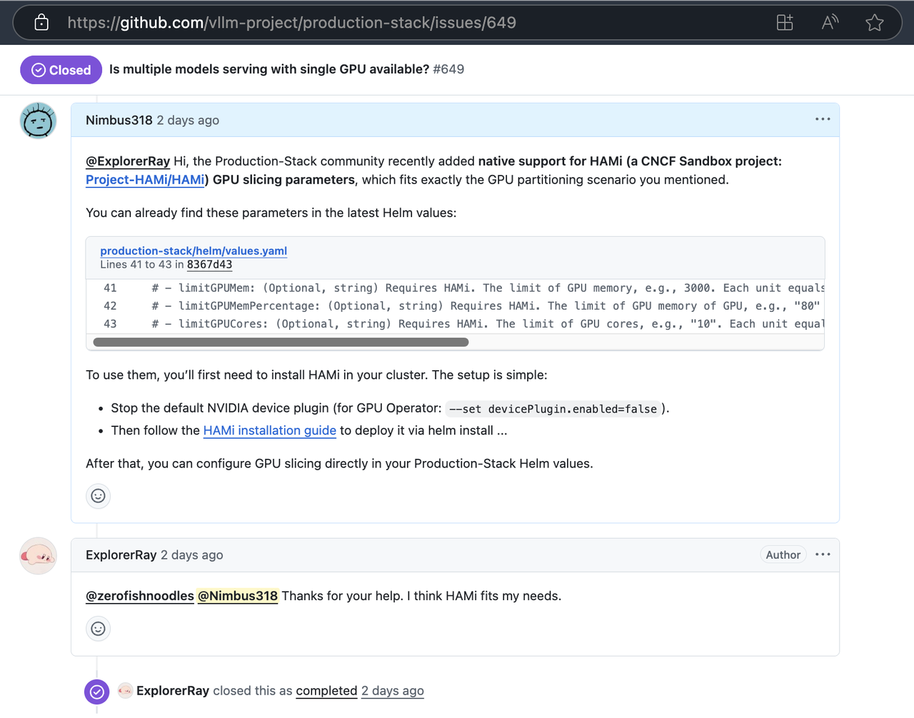 vLLM HAMi GitHub issue 讨论截图